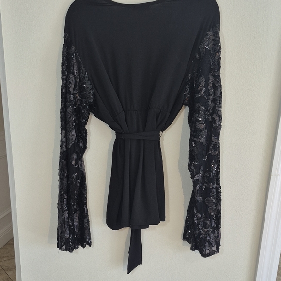 VENUS Black Sequin Lace Long Sleeve Blouse. Women Plus 2x - Picture 5 of 12